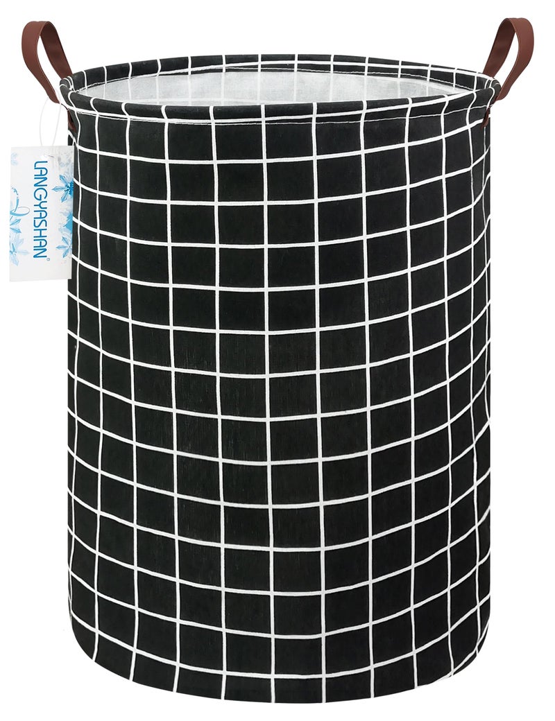LANGYASHAN Laundry Basket Canvas Fabric Collapsible Organizer Basket for Storage Bin Toy Bins Gift Baskets Bedroom Clothes Children Nursery Hamper (Black Grid) - Image 1